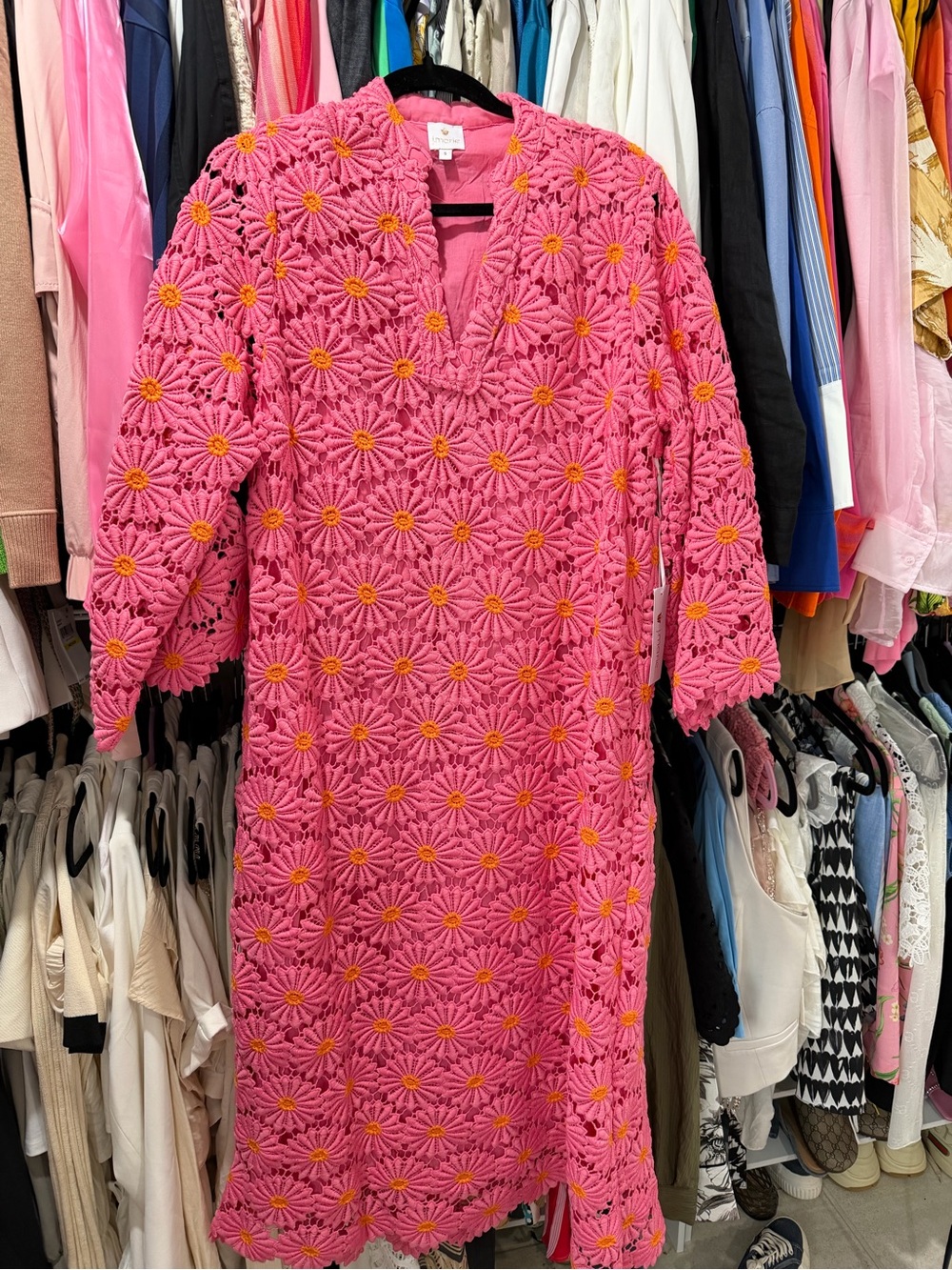 Boho Crochet Daisy Maxi Dress in Pink with Orange Accents - Unbranded